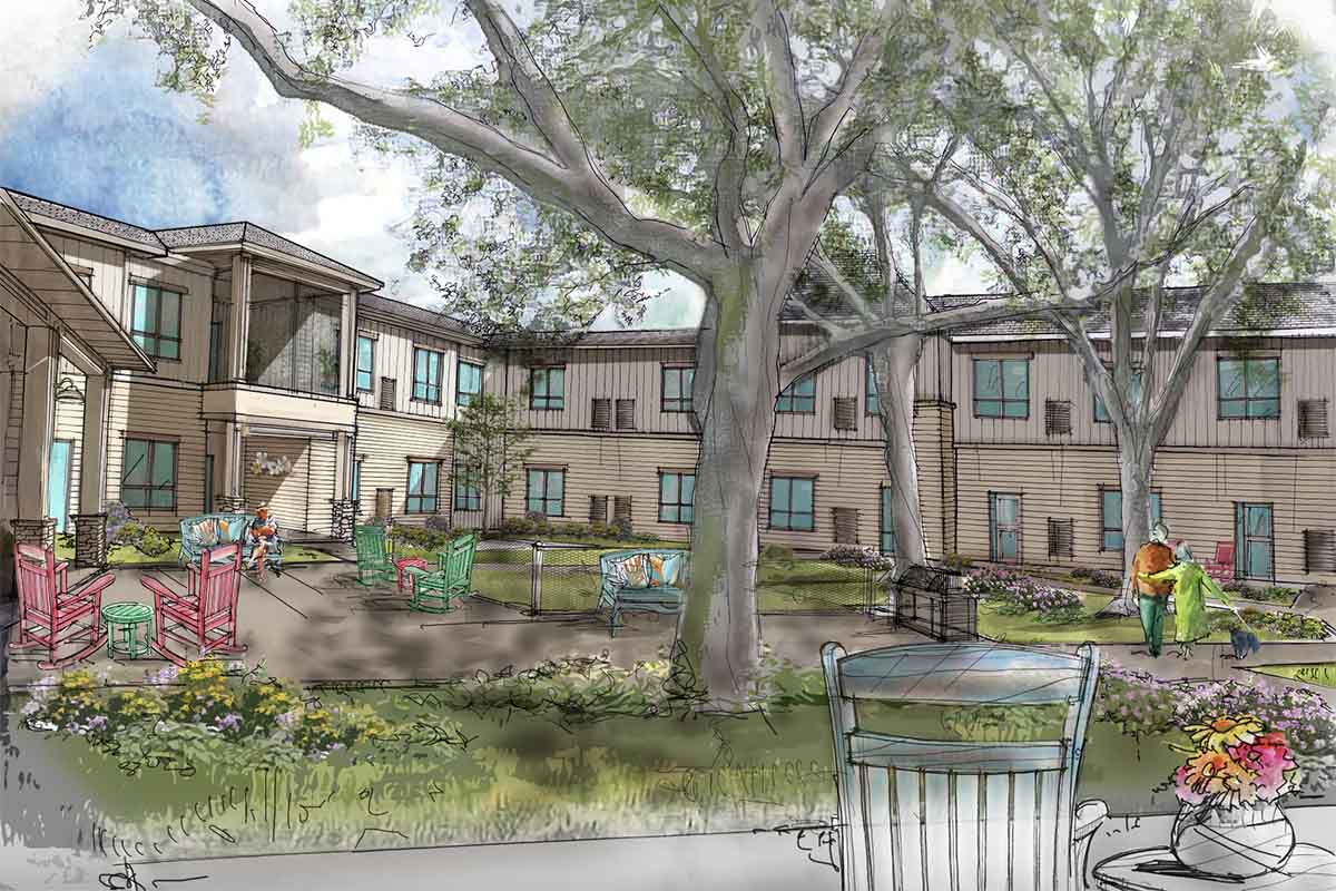 StoneCreek of Copperfield | Digital rendering of a courtyard at a senior home with flowers and trees