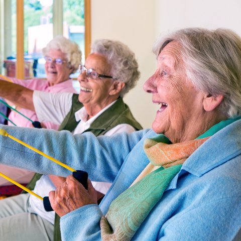 Alexis Pointe of Wimberley | Senior woman doing band exercise on an exercises ball