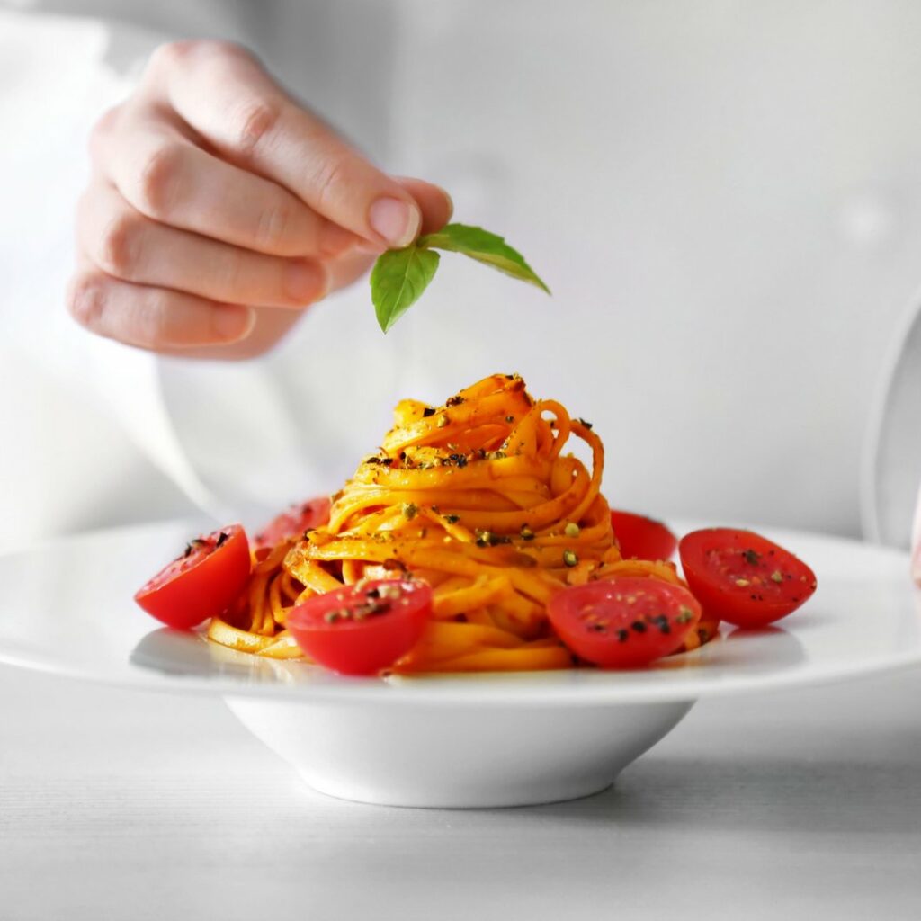 Cambridge Court | Chef placing basil on top of pasta dish