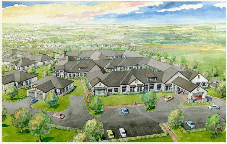 Harvest of Aledo | Watercolor painting of aerial view of senior living community