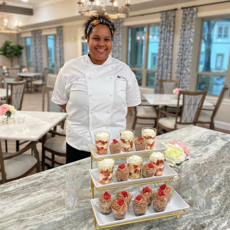 Harvest of Aledo | Chef standing with her dessert tray