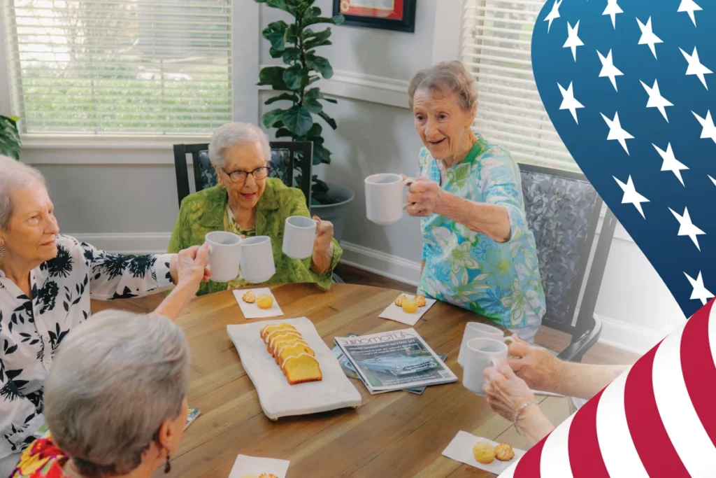 seniors toasting to America 250 years at a breakfast table